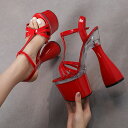 *71473【24.5cm】フレアヒール×厚底ストラップサンダル☆赤(レッド)☆【7147】【HEEL】【 キャバサンダル 】【 キャバヒール 】【サンダル ヒール ミュール パンプス】【 キャバ サンダル 】【 キャバ ヒール 】【 クリア サンダル 】【 キャバ パンプス 】