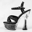 *71262【23.0cm】チェック厚底サンダル☆黒(ブラック)☆ストラップ付【7126】【HEEL】【 キャバサンダル 】【 キャバヒール 】【サンダル ヒール ミュール パンプス】【 キャバ サンダル 】【 キャバ ヒール 】【 クリア サンダル 】(4)