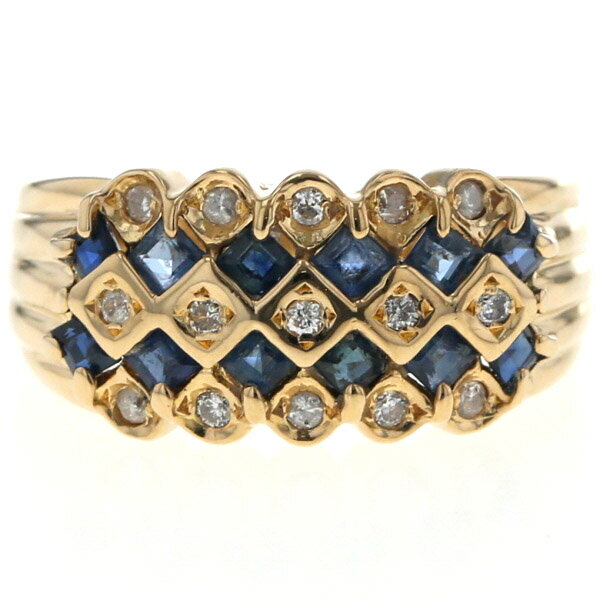 K18YG イエローゴールド リング サファイア ダイヤモンド ライン 5列 スクエア ラウンド 指輪 8号【新品仕上済】【zz】【中古】【送料無料】