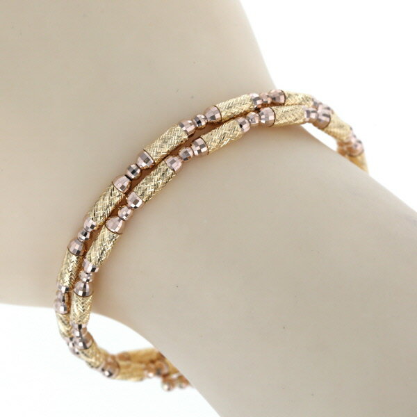 K18YG K18PG ブレスレット ワイヤー パイプビーズ 表面加工 彫金 ミラーボール 16cm フリーサイズ【新品仕上済】【zz】【中古】【送料無料】