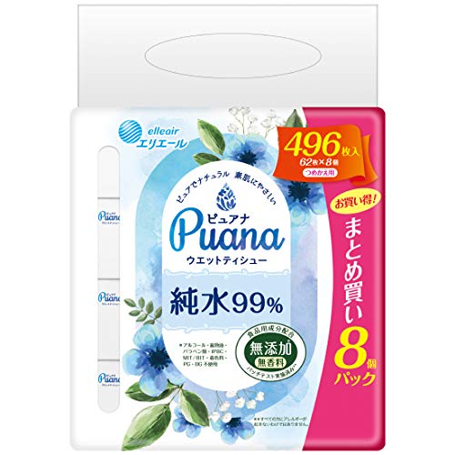 エリエール ウエットティシュー Puana(ピュアナ) 【無添加】純水99% つめかえ用 496枚( ...