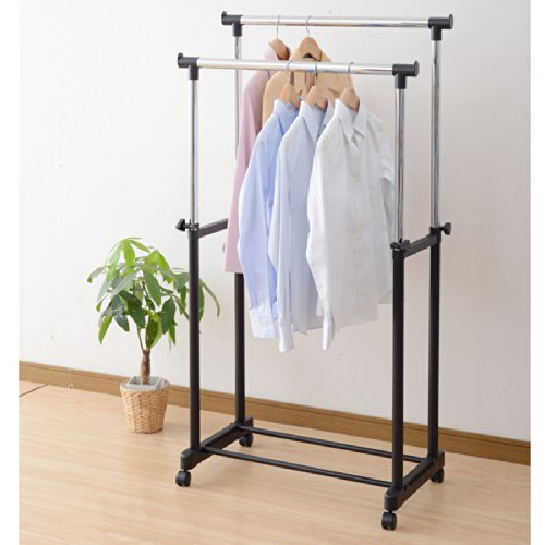 [山善] ハンガーラック 幅75×奥行43×高さ89-152cm ダブル キャスター付き たっぷり収納 縦伸縮 組立品 ..