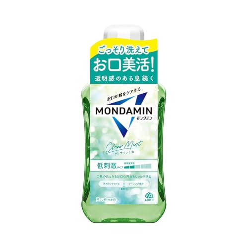 緑/600ml/-・Size:600ml・パッケージ個数:1・透明感のある息が続く、お口美活のためのマウスウォッシュ(洗口液)・口臭の元となるお口の汚れをしっかり除去。オーラルケアにおすすめ。・【刺激の強さ】低刺激タイプ(刺激度目安：2/5段階中)・【香味】心地よいクリアミントの香味・【内容量】600mL 【生産国】日本商品紹介 モンダミン クリアミント マウスウォッシュ 600mL 原材料・成分 ●溶剤：水、エタノール●湿潤剤：グリセリン●可溶化剤：PEG-60水添ヒマシ油●矯味剤：キシリトール、サッカリンNa●pH調整剤：リン酸Na、リン酸2Na●洗浄剤：セテス-25●洗浄補助剤：三リン酸5Na●保存剤：プロピルパラベン●香料（クリアミントタイプ）●着色剤：黄4、青1 使用方法 ●毎日の歯みがきに加え、適量約20mL（キャップ半分の線）を口に含み、20秒から30秒程すすいでから吐き出す。（使用後のすすぎは不要） 安全警告 ●内服液ではないので飲まない。 ●直射日光を避け、乳幼児の手の届かない所に保管する。 ●口中の異常、発疹、かゆみ等の症状が現れた場合は使用を中止し、医師に相談する。