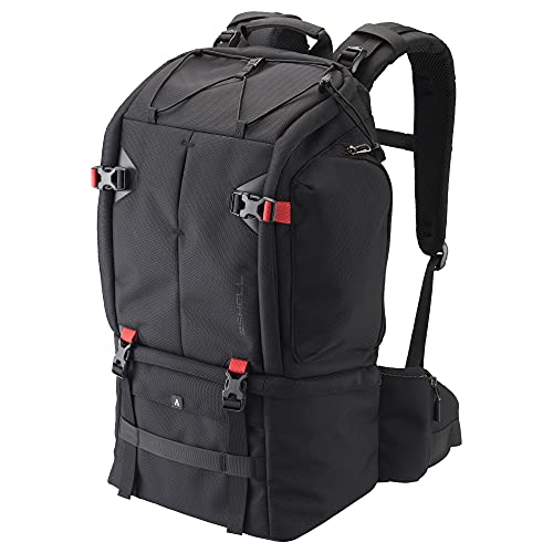 リュックサックブラック/34 x 21 x 51 cm/SP-TR03BPLBK・パッケージ個数:1・天面アクセスにより、70-200mmクラスの望遠レンズを装着した一眼カメラや多数の交換レンズ、アクセサリー等を上下に分けて収納できる大容量設計。・体にフィットするエルゴノミクスカーブ形状のショルダーハーネスやウエストベルトにより快適に携行を実現、三脚は安定性に優れたセンター取り付け式。・メイン素材は撥水性高強度のポリエステル、底面には防汚性と防水性に優れたターポリン素材を使用。各開閉部はYKKがバッグ専用に開発した耐摩耗性に優れ壊れにくい織り込みファスナーを採用。・【内寸法】上段 : 約W260×H270×D160mm、下段 : 約W260×H200×D160mm、PC収納部参考収容寸法 : 約W210×H305×D15mm・【外寸法】約W340×H510×D210mm、【重量】約1850g、【材質】 ポリエステル、ターポリン望遠レンズを装着した一眼カメラを収納できる、上下2気室構造の大容量バックパック ■多数の交換レンズ、アクセサリー等を上下に分けて収納できる大容量設計。背面には13インチ相当のノートPCの収納が可能。 ■上下の仕切りは円形に貫通可能な構造で、下段に貫通させることで200-500mmクラスのレンズを装着した一眼カメラの収納も可能。 ■バッグを立てた状態で、天面からカメラにアクセスすることが可能。開きすぎや盗難を抑制するための開き止めバックルを装備。 ■撥水性のある高強度のポリエステル素材を採用。底面は防汚性と防水性に優れたターポリン素材、直接地面に接しない底脚付き。 ■各開閉部には通常のコイルファスナーよりも耐摩耗性に優れ壊れにくい、YKKの織り込みファスナーを採用。 ■上段はバンジーコードで、下段はベルトでウェアなどの荷物を固定することが可能。※上段は軽量物のみ可。 ■体にフィットするエルゴノミクスカーブ形状のショルダーハーネスや、チェストベルト、ウエストベルトで快適に携行が可能。 ■ハーネス上部には、「HAKUBA くびの負担がZEROフック」(別売り)を装着可能。 ■ウエストベルトのパッド部には便利な小物収納用のファスナーポケットと、ボトル収納用のファスナーポケットを装備。