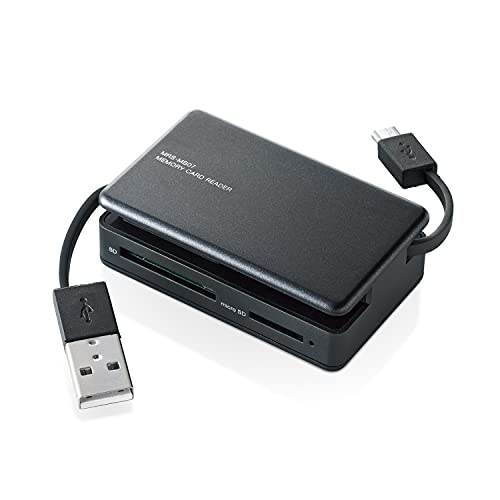 コネクタ収納タイプブラック/-/MRS-MB07BK・Style:コネクタ収納タイプ・パッケージ個数:1・USB[microB]コネクタとUSB[A]コネクタの両方を備え、一台でタブレット、スマートフォン、パソコンに接続できるメモリリーダライタです。・USBホスト機能に対応したタブレットやスマートフォン、もしくはパソコンで、各種メモリーカードのデータを読み書き可能です。・SDXCメモリーカードを含めた31種類の多彩なメディアを読み書き可能で、アダプタを使用すればさらに5種類のメディアを読み書きできます。・SDメモリーカードシリーズ、コンパクトフラッシュなどに対応しています。・microSDメモリーカードなどの小型メディアも、アダプタなしでそのまま挿し込み可能です。【 仕様 】 ■インターフェイス:USB2.0 ■最大転送速度:USB2.0ハイスピードモード/480Mbps(理論値) ■コネクタ形状:USB[A](オス)×1USB[microB](オス)×1 ■スロット数:3 ■対応メディア(SDメモリカード):SD(Highspeed ProHighspeed Class2~10)/Wii・DSi用/SDHC(Class2~10 UHS-I UHS-II)/SDXC(UHS-I)/miniSD(※)/miniSDHC (Class2~6)(※)/TransFlash/microSD/microSDHC (Class2~10 UHS-I)/microSDXC(UHS-I)/Eye-Fi(※)別途アダプター必要 ■対応メディア(マルチメディアカード):MMC、MMC4.0、セキュアMMC、RS-MMC、RS-MMC4.0/MMC micro(※)別途アダプター必要 ■対応メディア(コンパクトフラッシュ):コンパクトフラッシュ(TypeI)(3.3V)、コンパクトフラッシュ(UDMA対応) ■対応OS(Windows):Windows 11、10、8.1、8、7(SP1)、Vista(SP2)、XP(SP3) ※各OSのアップデートや、サービスパックのインストールが必要になる場合があります。 ■対応OS(mac):macOS Ventura 13/macOS Monterey 12/macOS Big Sur 11/Mac OS X 10.6~10.6.8/OS X 10.7~10.7.5/10.8~10.8.3/10.9 ※各OSのアップデートや、サービスパックのインストールが必要になる場合があります。 ■対応OS(Android):Android4.0以降(ホスト機能有り) ■カラー:ブラック ■外形寸法:約幅65x奥行40x高さ21mm(ケーブルを除く) ■重量:約40g ■ケーブル長:USB[A]約39mm(コネクターを除く)/USB[microB]約43mm(コネクターを除く) ■電源電圧:5V ■動作環境:温度5~40℃、湿度30~80%(結露なきこと) ■期間:6カ月 ■付属品:ユーザーズマニュアル/1部 【 説明 】 ■USB[microB]コネクタとUSB[A]コネクタの両方を備え、一台でタブレット、スマートフォン、パソコンに接続できるメモリリーダライタです。 ■USBホスト機能に対応したタブレットやスマートフォン、もしくはパソコンで、各種メモリーカードのデータを読み書き可能です。 ■SDXCメモリーカードを含めた31種類の多彩なメディアを読み書き可能で、アダプタを使用すればさらに5種類のメディアを読み書きできます。 ■SDメモリーカードシリーズ、コンパクトフラッシュなどに対応しています。 ■microSDメモリーカードなどの小型メディアも、アダプタなしでそのまま挿し込み可能です。 ■メディアへのアクセス状態が分かるアクセスランプを装備しています。 ■ケーブルを本体に収納でき、ケーブルを紛失する心配のないケーブル一体タイプです。 ■外部電源を必要としないUSBバスパワー駆動です。 【商品に関するお問い合わせ】 エレコム総合インフォメーションセンター TEL. 0570-084-465 FAX. 0570-050-012 受付時間 / 10:00~19:00 年中無休