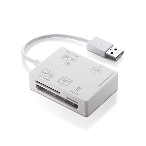 USB2.0ホワイト/並/MR-A012WH・Color:ホワイトStyle:USB2.0・パッケージ個数:1・シリーズ史上最多となる58種類のメディアに対応したメモリリーダライタです。※2015年5月現在。当社比。・アダプタを使用せずに56種類の多彩なメディアを読み書きでき、アダプタを使用することでさらに2種類のメディアを読み書き可能です。・SDメモリーカードシリーズ、メモリースティックシリーズ、XDカードシリーズ、コンパクトフラッシュなどの主要なメディアに対応しています。・microSDメモリーカードなどの小型メディアも、アダプタ不要でそのまま挿し込み可能です。・SDHCメモリーカードやPRO HIGH SPEED SDメモリーカード、メモリースティックPRO(ハイスピード)など高速版のメディアに対応しており、大容量データも素早く移動・コピーが可能です。商品紹介 【 仕様 】 ■ インターフェイス:USB2.0 ■ 最大転送速度:USB2.0ハイスピード/480Mbps(理論値) ■ コネクタ形状:USB[A](オス)×1 ■ スロット数:5 ■ 対応メディア(SDメモリカード):SD(HighSpeed ProHighSpeed Class2 4 6 10)、Wii・DSi用、SDHC(Class2 4 6 10 UHS-I UHS-II)、SDXC(UHS-I)/miniSD、miniSDHC (Class2 4 6)/TransFlash、microSD(UHS-I)、microSDHC(Class2 4 6 10)、microSDXC ■ 対応メディア(マルチメディアカード):MMC、MMC4.0、セキュアMMC、RS-MMC、RS-MMC4.0/MMC micro※(※)別途専用アダプター必要 ■ 対応メディア(メモリースティック):MS(マジックゲート マジックゲートHighSpeed メモリーセレクト機能付)、MSPRO(HighSpeed)、MS Duo(マジックゲート マジックゲートHighSpeed)、MSPRO Duo(HighSpeed MARK2)、MSPRO-HGDuo、MS ROM、MSマイクロ(M2)※、PSP(R)用MSDuo(※)別途専用アダプター必要 ■ 対応メディア(xDピクチャーカード):XDピクチャカード(TypeM、TypeM+、TypeH) ■ 対応メディア(コンパクトフラッシュ):コンパクトフラッシュ(TypeI)(3.3V)、コンパクトフラッシュ(TypeII)(3.3V)、コンパクトフラッシュ(UDMA対応)、マイクロドライブ ■ 対応OS:Windows 11、10、8.1、7(SP1)、Vista(SP2)/macOS Monterey 12、macOS Big Sur 11、OS X 10.7~10.7.5、10.8~10.8.3、10.9、10.10 ※各OSの最新バージョンへのアップデートや、サービスパックのインストールが必要になる場合があります。 ■ カラー:ホワイト ■ 外形寸法:約幅61.0×奥行き45.0×高さ16.3mm ■ 重量:約37g ■ ケーブル長:約10cm(コネクター含まず) ■ 電源電圧:5V ■ 動作環境:温度5~40℃、湿度30~80%(結露なきこと) ■ 期間:6カ月 ■ 付属品:ユーザーズマニュアル 【 説明 】 ■ シリーズ史上最多となる58種類のメディアに対応したメモリリーダライタです。※2015年5月現在。当社比。 ■ アダプタを使用せずに56種類の多彩なメディアを読み書きでき、アダプタを使用することでさらに2種類のメディアを読み書き可能です。 ■ SDメモリーカードシリーズ、メモリースティックシリーズ、XDカードシリーズ、コンパクトフラッシュなどの主要なメディアに対応しています。 ■ microSDメモリーカードなどの小型メディアも、アダプタ不要でそのまま挿し込み可能です。 ■ SDHCメモリーカードやPRO HIGH SPEED SDメモリーカード、メモリースティックPRO(ハイスピード)など高速版のメディアに対応しており、大容量データも素早く移動・コピーが可能です。 ■ 大容量の最新SDメモリーカード規格のSDXCメモリーカード(128GB)に対応しています。 ■ 本製品を使用すると、デジカメからパソコンにデータを直接転送する場合と比較して、約2倍の速さで転送可能です。 ■ メディアへのアクセス状態が分かるアクセスランプを装備しています。 ■ 収納に便利で、ケーブルを紛失する心配のないケーブル一体タイプです。 ■ 外部電源を必要としないUSBバスパワー駆動です。 ■ 専用ドライバなどのインストール作業が不要ですので、パソコンのUSBポートに接続するだけですぐに使えます。 ■ Macintoshにも対応しています。 ■ USB2.0(ハイスピードモード)に対応しています。 【商品に関するお問い合わせ】 エレコム総合インフォメーションセンター TEL. 0570-084-465 FAX. 0570-050-012 受付時間 / 10:00~19:00 年中無休 ご注意（免責）＞必ずお読みください 最新の対応メディアはエレコムホームページをご確認ください。