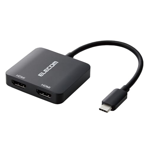HDMI×2ポートブラック/0.12m/AD-CHDMI2BK2・Color:ブラックSize:0.12mStyle:HDMI×2ポートPatternName:4K/60Hz・パッケージ個数:1・HDMI(R)コネクター搭載のディスプレイなどに映像を出力できる変換アダプターです。USB Type-C(TM)ポート搭載パソコンなどの映像信号を、HDMIコネクター搭載ディスプレイなどに映像を出力することができ、画面複製と画面拡張に対応しています。・※HDMIポートからUSB Type-Cプラグへの変換はできません。・※音声出力に対応しています。・※映像が正しく表示されない場合は、接続先のディスプレイなどの電源ON/OFFや各接続コネクターの抜き挿しをお試しください。・※環境、機器により正常に動作しない場合があります。【仕様】 ■コネクター形状1：USB Type-Cプラグ ■コネクター形状2：HDMI(R)ポート(タイプA・19ピン)×2 ■対応機器：USB Type-Cプラグ側:DisplayPort Alt Mode対応USB Type-Cポート搭載のパソコンなど ■対応機器：HDMIポートポート側:HDMIケーブル/ディスプレイ・プロジェクターなど ■対応解像度：最大4K(3840×2160px)/60Hz ■ケーブルタイプ：ノーマルタイプ ■ケーブル長：約12cm ※コネクター含まず ■外形寸法：幅約55mm×厚み約11.5mm×高さ約50mm(アダプター部分) ■カラー：ブラック ■パッケージ形態：紙箱 ■環境配慮事項：EU RoHS指令準拠(10物質)、THINK ECOLOGYマーク 【説明】 ■HDMI(R)コネクター搭載のディスプレイなどに映像を出力できる変換アダプターです。USB Type-Cポート搭載パソコンなどの映像信号を、HDMIコネクター搭載ディスプレイなどに映像を出力することができ、画面複製と画面拡張に対応しています。 ※HDMIポートからUSB Type-Cプラグへの変換はできません。 ※音声出力に対応しています。 ※映像が正しく表示されない場合は、接続先のディスプレイなどの電源ON/OFFや各接続コネクターの抜き挿しをお試しください。 ※環境、機器により正常に動作しない場合があります。 ※すべての機器での動作をするものではありません。 ※本製品で映像出力を行う際は、出力機器がDisplayPort Alt Mode対応であることをご確認ください。 ※対応機器(HDMIケーブルなど)は同梱していません。別途ご購入またはご用意ください。 ■接続した複数台のディスプレイを1つの画面として表示する画面拡張と、出力側のディスプレイと同じ画面を表示する画面複製に対応しています。 ※出力側(パソコンなど)と最大2台までのディスプレイなどで映像出力が可能です。その場合、最大3画面表示となります。 ※接続する最大2台までのディスプレイは、ぞれぞれ最大4K(3840×2160px)/60Hzの解像度に対応しています。 ※接続する機器が、画面複製・画面拡張に対応している必要があります。 ※スマートフォン・タブレットの機種によっては画面拡張に対応していない場合があります。 ■最大4K(3840×2160px)/60Hzの解像度に対応しています。 ■著作権保護技術のHDCP1.4/HDCP2.2、DPCP1.0に対応しています。 ■当製品はIC搭載のアクティブタイプです。 ■アダプターの本体内部には、シールド効果が高く、外部ノイズの影響を受けにくい金属シェル構造を採用しています。 ■外部ノイズの干渉を受けにくい3重シールドケーブルを採用しています。 ■サビなどに強く信号劣化を抑える金メッキピンを採用しています。 ■ドライバー不要で、機器同士を接続するだけで使用可能です。 ※USB Type-C and USB-C are trademarks of USB Implementers Forum ■EUの「RoHS指令(電気・電子機器に対する特定有害物質の使用制限)」に準拠(10物質)した、環境にやさしい製品です。 ■自社環境認定基準を1つ以上満たし、『THINK ECOLOGY』マークを表示した製品です。 ■環境保全に取り組み、製品の包装容器におけるプラスチック重量を、社内基準製品より20%以上削減した製品です。 ■環境保全に取り組み、製品の包装容器が紙・ダンボール・ポリ袋のみで構成されている製品です。 【商品に関するお問い合わせ】 エレコム総合インフォメーションセンター TEL. 0570-084-465 FAX. 0570-050-012 受付時間 / 10：00〜19：00　年中無休 チャットサポートも可能です。詳細は 8056.jpをご確認ください。