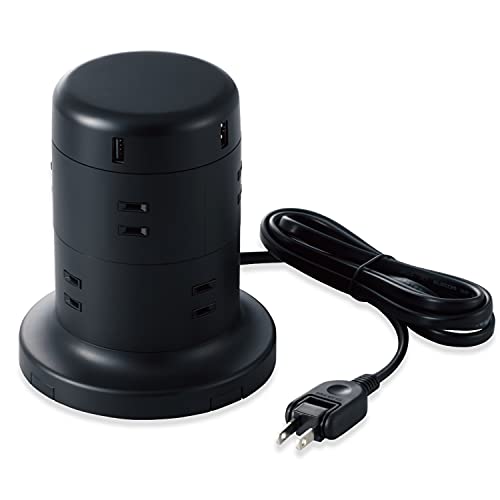 8個口ブラック/コンセント×8個口 USBポート×5ポート/TT-U01-0820BK・パッケージ個数:1・合計最大出力が4.8AのUSBポートを5つ備えたタワー型8口の電源タップです。USBポートや差込口は360度放射状に配しており、会議室の机などでの利用に適しています。可動式の脚パーツを活用することで、重い電源アダプタ等で重量バランスが偏っても安定した設置ができ、設けた穴を活用することでネジによる仮固定もできます。・差込口8口とUSBポート5口が一体となったタワー形状のUSBタップです。・USBポートを備えることで、ACアダプターを利用することなくスマートフォンやタブレットをパソコンと同時に充電できます。・差込口には未使用時にほこりの侵入を防止する「ほこり防止シャッター」を装備しています。・差込口には万一の発熱の際にも融解しにくく、電気火災の防止に有効な耐熱性に優れた熱硬化性樹脂を使用しています。【 仕様 】 ■対応機種:2極コンセントを利用して動作する機器やUSB-Aポートを利用して給電または充電する機器 ■本体差込口形状:2ピン ■本体差込口個数:8口 ■AC定格出力電力:1500W ■AC定格出力電圧:125V ■AC定格出力電流:15A ■USB端子:USB-Aポート×5 ■USB定格出力電力:合計最大24W(1ポート最大12W) ■USB定格出力電圧:DC 5V ■USB定格出力電流:合計最大4.8A(1ポート最大2.4A) ■プラグ仕様:2ピン ■スイングプラグ:○ ■絶縁キャップ付きプラグ:○ ■コード長:約2.0m ■二重被ふく:○ ■スイッチ:× ■雷ガード:○ ■ほこりシャッター:○ ■抜け止め機能:× ■マグネット:× ■壁掛け用フック:× ■ノイズフィルター:× ■通電表示ランプ:× ■モジュラジャック付:× ■カラー:ブラック ■材質:本体:PC樹脂 差込口:フェノール樹脂 ■外形寸法:約幅130×奥行130×高さ150(mm) ※コード部分及びプラグ部分を除く ■質量:約630g ■使用可能地域:日本国内 ■電気用品安全法:PSE適合 ■期間:1年間 ■付属品:固定用ネジ×5本(予備の1本含む)、取扱説明書 ■その他:転倒予防用可動脚パーツを装備。その脚等を利用してネジによる仮固定が可能。 【 説明 】 ■差込口8口とUSBポート5口が一体となったタワー形状のUSBタップです。 ■USBポートを備えることで、ACアダプターを利用することなくスマートフォンやタブレットをパソコンと同時に充電できます。 ■差込口には未使用時にほこりの侵入を防止する「ほこり防止シャッター」を装備しています。 ■差込口には万一の発熱の際にも融解しにくく、電気火災の防止に有効な耐熱性に優れた熱硬化性樹脂を使用しています。 ■差込口は階層ごとに45度ずらした配置になっているため、ACアダプターなど大きなプラグを接続しても他の差込口に干渉しにくいです。 ■誘導雷による最大12500Vまでの雷サージを吸収する素子(バリスタ)を搭載し、接続機器を保護します。(※最大サージ電圧12500VはJEC210/212規格に基づく数値です。受けた電圧や回数により性能は劣化します。) ■(一社)日本配線システム工業会規格(JWDS0010)に適合した二重被覆コードを採用。断線や被覆破れによる感電や火災の防止に有効です。 ■ケーブルは下方向への取り出しの他、底面の溝を利用して横方向にも取り出せるようになっています。 ■ケーブルを横から取り出すための溝は、搭載されたパーツでフタをすることができます。 ■2ピン式コンセントプラグのピン根本に絶縁スリーブを装備しており、トラッキング現象による火災の防止に有効です。 ■狭い場所でも設置しやすい180度スイング可能なコンセントプラグを採用しています。 ■USB-Aポートを5ポート搭載しており、対応するスマートフォンであれば5台同時充電が可能です。5ポート合計最大出力は4.8A、1ポート最大出力は2.4Aに対応しています。 ■USBポートに搭載した高性能ICが接続機器を見分け、適した出力で充電できる“おまかせ充電に対応しています。 ■本体底面に収納された脚パーツを引き出すことで、接続したアダプターなどで重量バランスが偏っていても、安定して設置することができます。 ■脚パーツには滑り止め部材を装備し、接続されたケーブルが引っ張られた際などにも、本体が横滑りしにくくなっています。 ■脚パーツには穴が開いており、付属ネジを利用した仮固定が可能です。 ■本体底面にも仮固定用の穴を装備し、ネジ頭などに引っ掛けることで、壁などに設置が可能です。 ■※USBポートを利用した充電に必要な各種ケーブルは付属しておりませんので、別途お買い求めの上、ご使用ください。 ■※家屋や家具などに本製品をネジ留めする場合は、電気工事士による施工が必要です。 ■製品の包装容器におけるプラスチック重量を、社内基準製品より20%以上削減した製品です。 ■製品の包装容器が紙・ダンボール・ポリ袋のみで構成されている製品です。 【商品に関するお問い合わせ】 エレコム総合インフォメーションセンター TEL. 0570-084-465 FAX. 0570-050-012 受付時間 / 10:00~19:00 年中無休