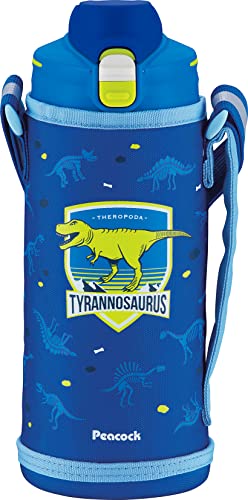 ピーコック 水筒 子供 保冷 1000ml ワンタッチ 直飲み 男の子 キッズ ステンレス 広口 魔法瓶 マグボトル 1L ブルー 恐竜 送料無料