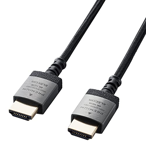 1) HDMIケーブル単品・スリム 2m DH-HDP14ES20SBK・・Size:2m・18Gbpsの高速伝送で高画質映像と音声を忠実に伝送できるPremium HDMI Cable規格認証済みイーサネット対応Premium HDMIケーブルのアルミコネクター&スリムナイロンメッシュタイプです。・4K/Ultra HDおよび3DフルHD対応のPremium HDMI Cable規格認証済ケーブルです。・折り曲げの負担がかかりにくいナイロンメッシュケーブルを採用しています。・直径約4.5mmのスリムケーブルを採用し、スッキリと綺麗な配線が可能です。・4K2K(60P)に対応し、滑らかな高解像度映像を伝送することができます。説明 【 仕様 】 ■ 対応機種：HDMI(タイプA・19ピン)側:HDMI入力端子を持つ液晶テレビ、プラズマテレビ、プロジェクター等、HDMI(タイプA・19ピン)側:HDMI出力端子を持つAV機器、ゲーム機等 ■ 規格：Premium High Speed with Ethernet ■ コネクタ形状：HDMI(タイプA・19ピン) - HDMI(タイプA・19ピン) ■ ケーブルタイプ：スリムナイロンメッシュタイプ ■ 伝送速度：18Gbps ■ 対応解像度：4K×2K(60P)対応 ■ シールド方法：3重シールド ■ プラグメッキ仕様：金メッキ ■ ケーブル長：約2.0m ※コネクター含まず ■ ケーブル太さ：約4.5mm ■ カラー：ブラック 【 説明 】 ■ 18Gbpsの高速伝送で高画質映像と音声を忠実に伝送できるPremium HDMI Cable規格認証済みイーサネット対応Premium HDMIケーブルのアルミコネクター&スリムナイロンメッシュタイプです。 ■ 4K/Ultra HDおよび3DフルHD対応のPremium HDMI Cable規格認証済ケーブルです。 ■ 折り曲げの負担がかかりにくいナイロンメッシュケーブルを採用しています。 ■ 直径約4.5mmのスリムケーブルを採用し、スッキリと綺麗な配線が可能です。 ■ 4K2K(60P)に対応し、滑らかな高解像度映像を伝送することができます。 ■ 明暗差を活かした立体感のある映像を伝送することができるHDRに対応しています。 ■ 従来のBT.709に比べ、より広い色域をカバーしたBT.2020映像の伝送が可能です。 ■ 1本のケーブルで、映像信号と音声信号をデジタルのままで高速伝送するだけでなく、イーサネット信号の双方向通信を実現します。 ■ 100Mbpsのイーサネット通信を実現する、HEC(HDMIイーサネットチャンネル)に対応しています。 ■ デジタル音声をテレビなどの表示機器からAVアンプなどの出力機器へ伝送できる、ARC(オーディオリターンチャンネル)に対応しています。 ■ 外部からのノイズ侵入を軽減する高周波ノイズ用シールドと、低周波ノイズ用シールドを組み合わせた3重シールド構造です。 ■ サビなどに強く信号劣化を抑える金メッキプラグを採用しています。 ■ 自社環境認定基準を1つ以上満たし、『THINK ECOLOGY』マークを表示した製品です。 ■ 環境保全に取り組み、製品の包装容器におけるプラスチック重量を、社内基準製品より20%以上削減した製品です。 ■ 環境保全に取り組み、製品の包装容器が紙・ダンボール・ポリ袋のみで構成されている製品です。 ■ EUの「RoHS指令(電気・電子機器に対する特定有害物質の使用制限)」に準拠(10物質)しています。 【商品に関するお問い合わせ】 エレコム総合インフォメーションセンター TEL. 0570-084-465 FAX. 0570-050-012 受付時間 / 10：00~19：00　年中無休