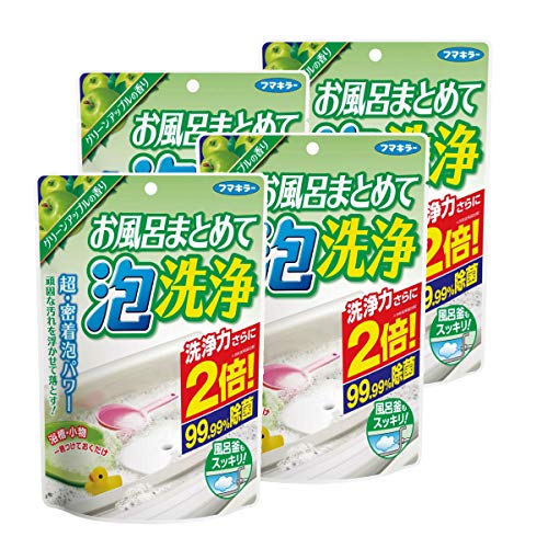 ・ 230g×4個 ・・PatternName:グリーンアップルの香り 4個・セット内容:4個セット・浴槽・小物の湯あか、風呂釜や配管内部の湯ドロ・ヌメリをまとめて落とせます。・普段のお掃除では落としきれない汚れに。・内容量:230g×4個・香り:グリーンアップルの香り説明 商品紹介 残り湯にまぜて一晩つけおきするだけで浴槽や浴槽周りの小物を洗浄できる洗剤 おふろ用です。 浴槽・小物の湯あか、風呂釜や配管内部の湯ドロ・ヌメリをまとめて落とせます。 お湯に溶かすと酸素の泡が発生する、瞬間発泡パワーで汚れやバイ菌にアタック。洗浄成分がじっくり浸透し、ガンコな汚れを落とします。 普段のお掃除では落としきれない汚れに。 1つ穴・2つ穴どちらでも使用可能。 グリーンアップルの香り。・使用上の注意 ※袋がふくらまないよう、袋上部に穴を開けています。 ●使用方法を必ず守り、用途以外に使用しない。 ●開封後はすぐに使用する。 ●一晩以上放置しない。 ●洗浄中は入浴しない。 ●手の荒れやすい方はゴム手袋を使用する。 ●粉や液が眼に入らないようにする。 ●他の洗剤と併用しない。 ●小児やペットの手の届く所に置かない。 ●古い釜では、湯あかやサビ等がパイプやゴムパッキン部につまり、一時的に水漏れが止まっている場合があり、本品を使うとつまりが取れて水漏れすることがあります。 【応急処置】 ●洗浄液が皮膚についた場合はよく水洗いする。 ●粉を吸い込んだ場合は新鮮な空気を吸い、異常があれば医師に相談する。 ●万一、飲み込んだ場合は水か牛乳を飲ませる等の処置をし、眼に入った場合は直ちに充分洗い流す。いずれの場合も速やかに医師に相談する。 【保管上の注意】 ●水回りや湿気の多い場所には置かない。 ●直射日光をさけ、高温になる場所に置かない。・原材料・成分 アルカリ剤(炭酸塩)・漂白活性化剤(過炭酸塩)、キレート剤(エデト酸塩)界面活性剤(2%ファオレフィンスルホン酸ナトリウム)、香料