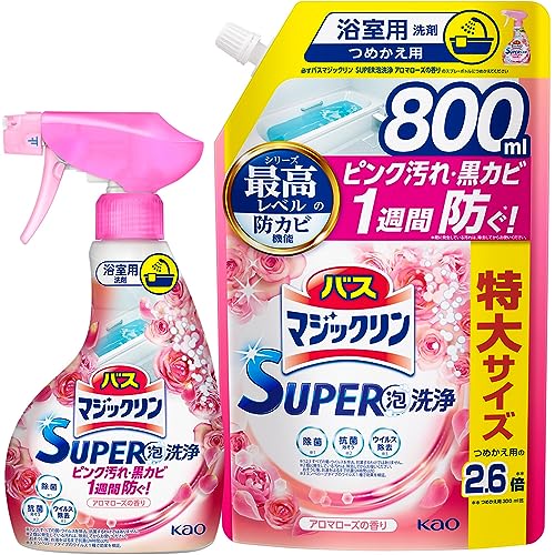 【まとめ買い】バスマジックリン SUPER泡洗浄 洗浄はもちろん、菌由来の汚れも防ぐ! アロマローズの香り 本体 350ml+詰替え用 送料無料