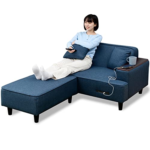 山善(YAMAZEN) ソファ (カウチソファ) 2人掛け 木製肘掛け/2口コンセント/USBポート/クッション2個付き..