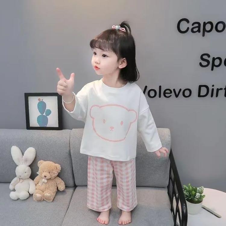夏 パジャマ 女の子 子供服 キッズ 子供服 長袖 上下セット ゆったり 秋 送料無料 春 ルームウェア 長袖トップス 長ズボン 部屋着 寝巻き チェック 熊 可愛い 小学生