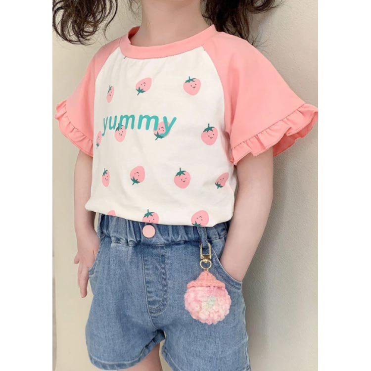 Tシャツ 半袖 女の子 可愛い 半袖 Tシャツ 子供服 袖フリル トップス クルーネック 春夏 送料無料 イチゴ キッズ ガールズ 小学校 小学生 通学 通園 保育園