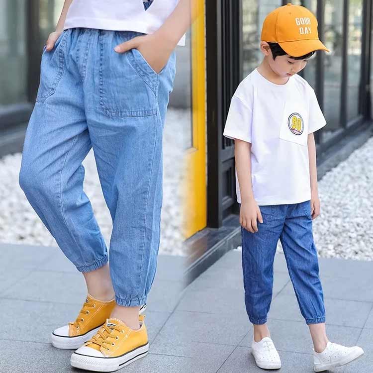 送料無料 キッズ 子供服 春夏 蚊よけ デニムパンツ コットン 9分丈 ボトムス 長ズボン ロングパンツ 男の子 ウェストゴム 通気性 裾絞り カジュアル 薄手 ジュニア 可愛い