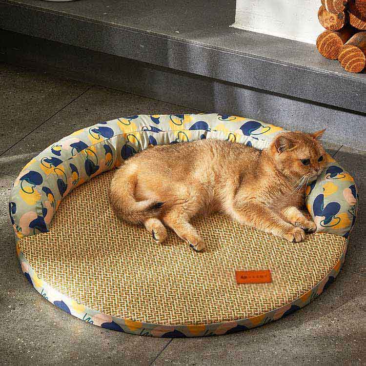 ペットベッド 涼しい ソファベッド 涼感 犬用ベッド 猫 夏用 丸形 籐編み あごのせ 猫用ベッド 熱中症対策 クール 通気性 ひんやり 接触冷感 滑り止め 暑さ対策 夏用ベッド 枕付き 可愛い 洗える 犬