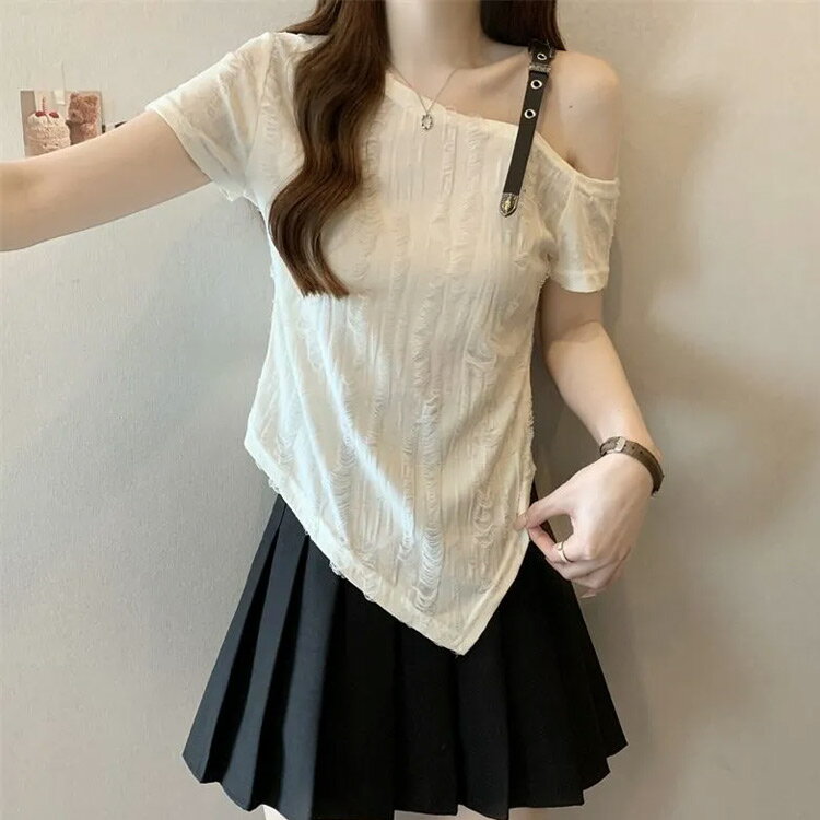 ワンショルダー アシンメトリー裾×ダメージ加工！Tシャツ 肩出し レディース トッ...
