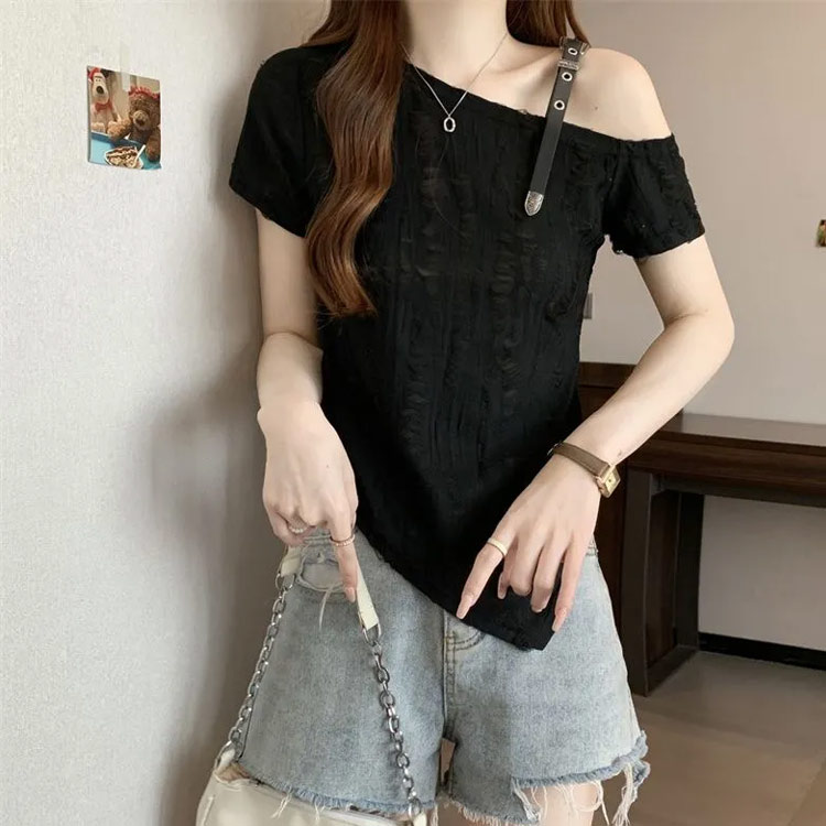 ワンショルダー アシンメトリー裾×ダメージ加工！Tシャツ 肩出し レディース トッ...
