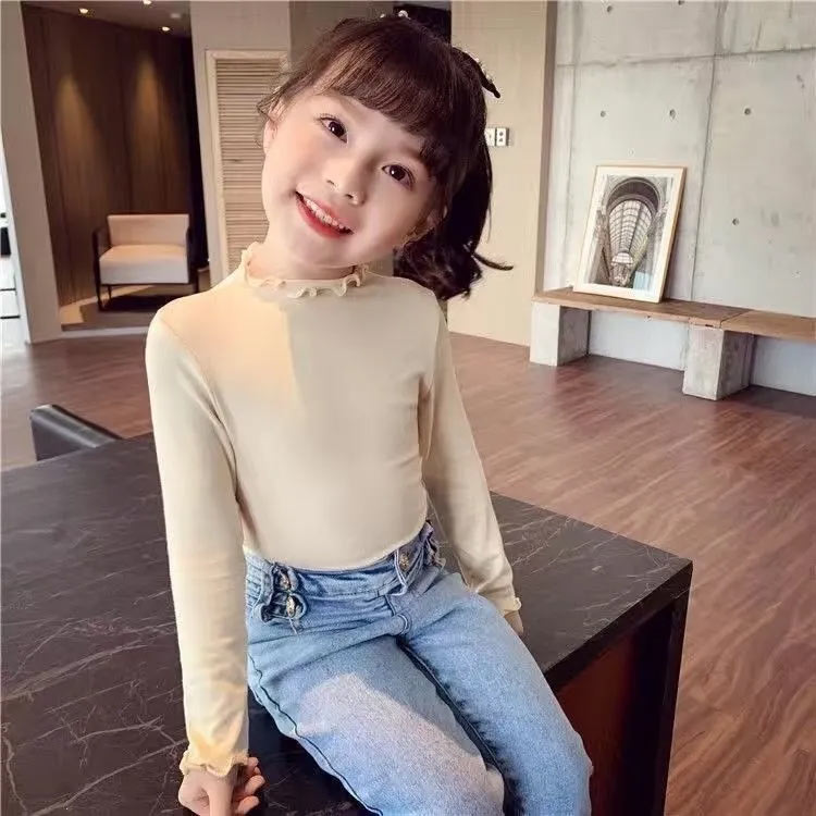 2枚セット キッズ tシャツ 女の子 長袖 タートルネック 子供服 フリル ロンt 肌着 ハイネック インナー トップス ガールズ カットソー 無地 シンプル ストレッチ 暖かい 防寒 インナー おしゃれ カジュアル