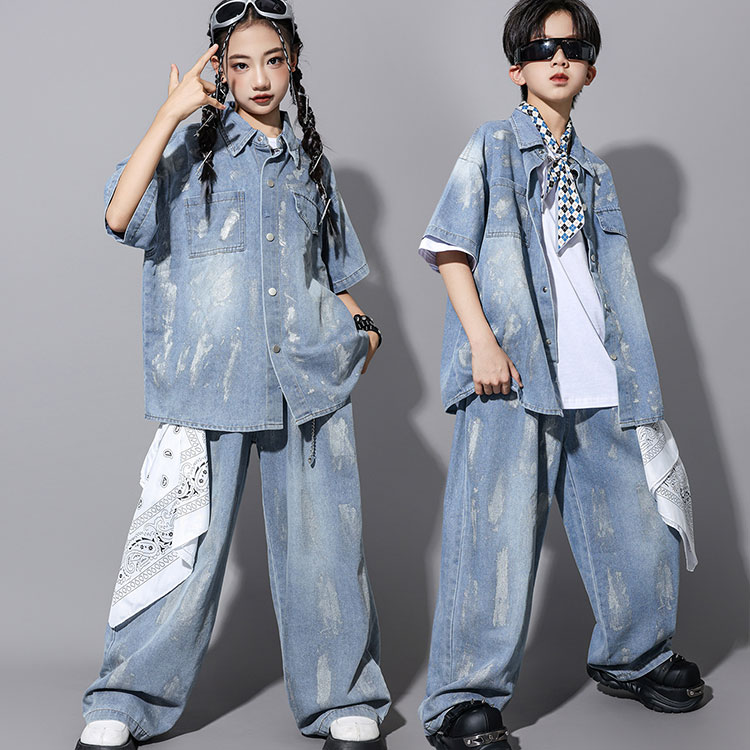 キッズ ダンス 衣装 セットアップ デニム 半袖シャツ ダンス キッズ 衣装 ヒップホ...