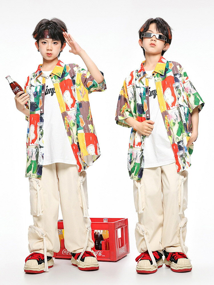 黄系 柄シャツ 総柄 半袖 油絵風 シャツ 派手 タイダイ ゆったり ヒップホップ キッズダンス衣装 セットアップ 男の子 女の子 杏色 カーゴパンツ ベージュ パンツ ダボパン 無地 かっこいい hiphop 韓国 k-pop 団体服 演出服 練習着 発表会 個性派 原宿系 - 3