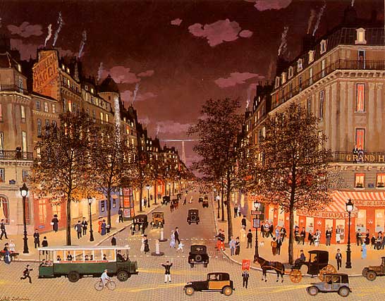 ミッシェル・ドラクロア「夜のグランブールバール」-Les Grands Boulevards la nuit-額付版画作品（シルクスクリーンオンキャンバス）