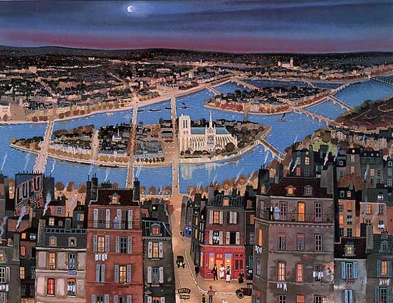 ミッシェル・ドラクロア「シテ島」-L'Ile de la Cite-額付版画作品（シルクスクリーンオンキャンバス）