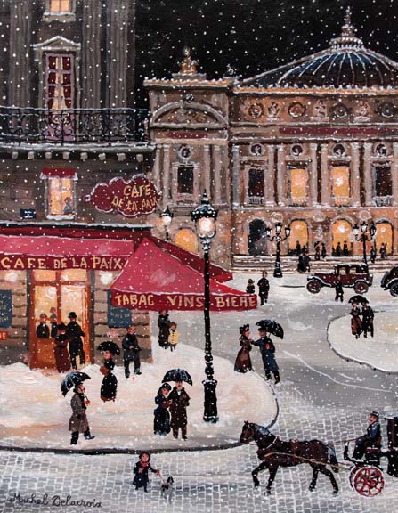 ミッシェル・ドラクロア　最新作「Soir de neige place de l'Opera」Snowy Evening at the Opera　額付版画作品　シルクスクリーン