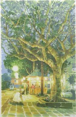 笹倉鉄平 「大きな木と小さなカフェ」 2003年 シルクスクリーン 額付版画作品