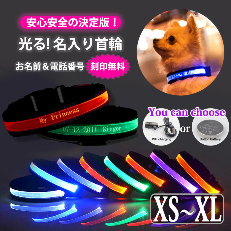 犬 光る 首輪 LED 名前入り XS〜XLサイズ【送料無料】光る首輪 LEDライト USB充電式 ボタン電池 夜光る 名入り 名入れ 安心 安全 充電式 迷子札 電話番号入り オーダーメイド かわいい おしゃれ 事故防止 迷子 小型犬 中型犬 大型犬