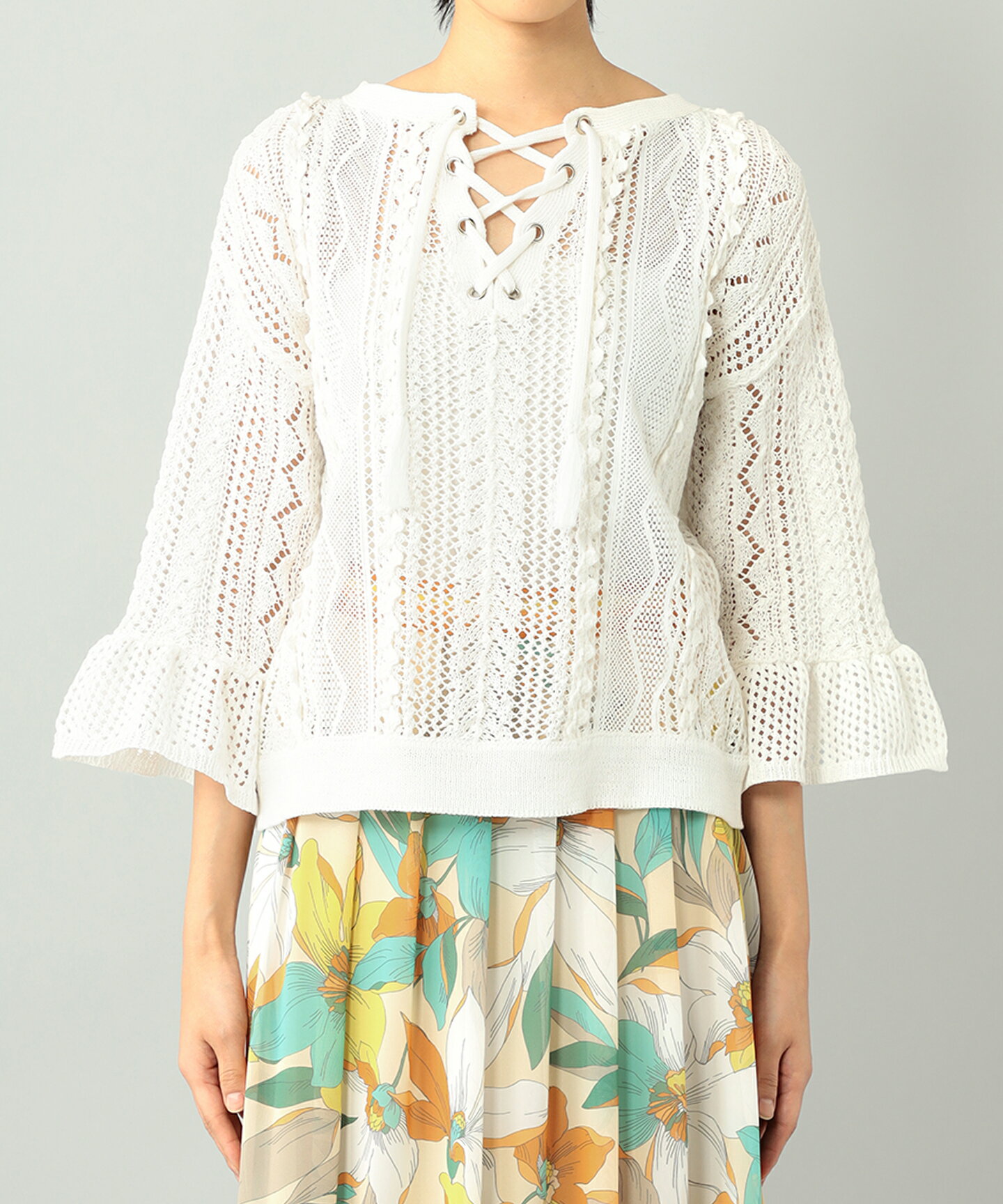 【グレースコンチネンタル】メッシュレースニットトップ GRACE CONTINENTA ニットトップス レディーストップス レース レーストップス 七分丈トップス クロシェ フレアスリーブ アウトレット ストックストア