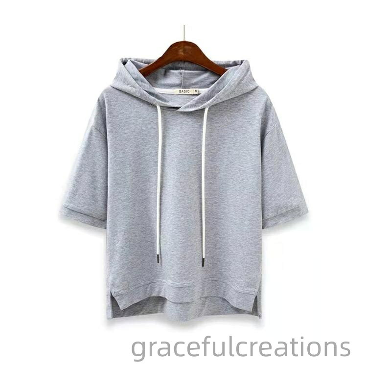 プルオーバー綿混パーカー夏半袖5分袖フード付きTシャツショートパーカーゆったりカットソートップスシンプル無地春韓国ファッションレディース夏服春服 gracefulcreations-10011752 GracefulCreations 楽天市場店 サンプル画像3