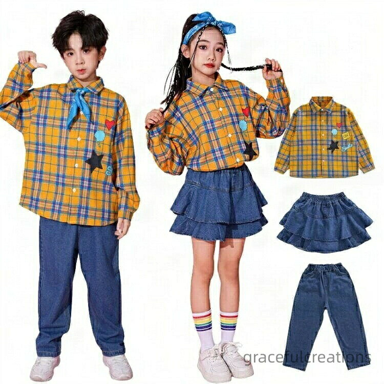 ダンス衣装 チェック柄 デニムパンツ シャツ スカート パンツ ストレッチ セットアップ ブルー オレンジ 発表会 ヒップホップ 韓国 子供ダンス 長袖 カッコイイ 舞台 演出服 ロング丈