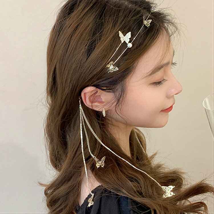 パール（カチューシャ） カチューシャ ヘアアクセサリー ヘアアレンジ 蝶々 バタフライ パール 高級感 上品 チェーン 揺れ エレガント ゴージャス ゴールド おしゃれ 可愛い お出かけ シンプル 母親 ママ イベント ファッション /[fba83]