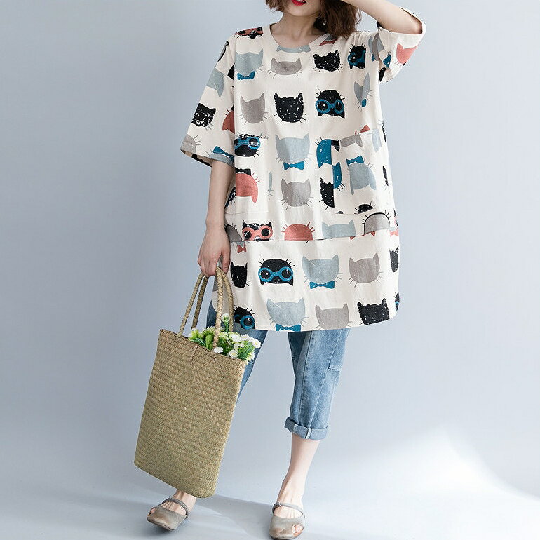 【48時間限定sale対象商品】チュニック カットソー トップス Tシャツ 猫柄 大きいサイズ レディース 体型カバー 着痩せ きれいめ ゆったり 30代40代50代 母親 ミセス カジュアル マタニティ 春 新作 LL 3XL 4XL/[oaw37]