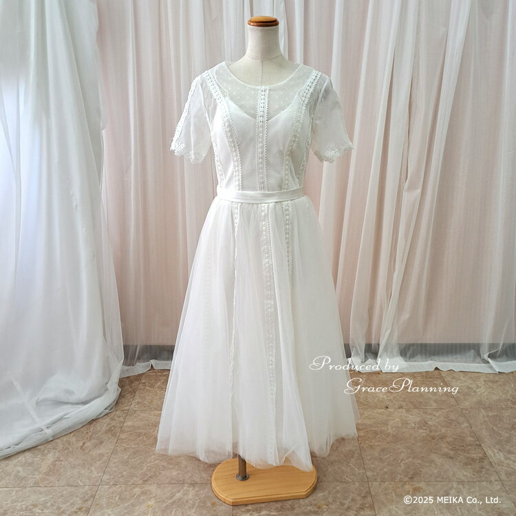 【NEW】ウェディングドレス ワンピースドレス 袖付き 二次会 カジュアルウェディングドレス ミモレ丈 結婚式 二次会 花嫁衣裳 9号 Mサイズ オフホワイト ウェディングドレス フォトウエディング 前撮り 後撮り 食事会 パーティ(wd86172-t)