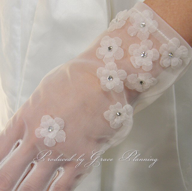 ウエディンググローブ ショートグローブ 小花柄ラインストーンが可愛いレースショート(オフホワイト)結婚式 花嫁 ショートグローブ ブライダル小物 二次会 披露宴（GL272）