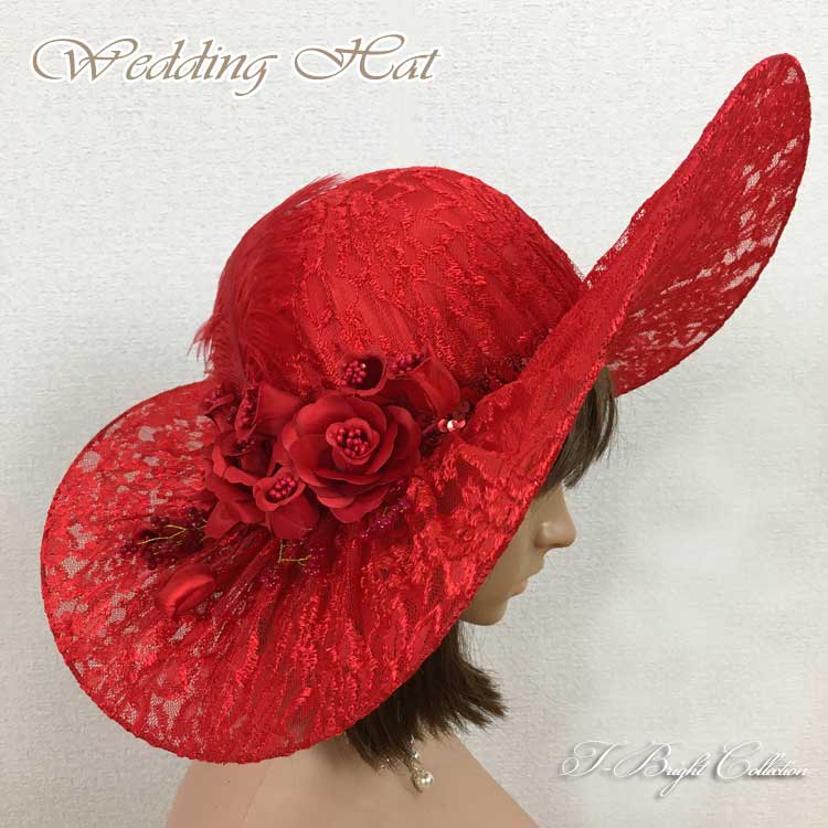 帽子 貴族風つば広帽子(レッド/赤色)レースのウェディングハットレースと花と羽とチュールが華やかな女..
