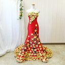 【在庫処分】カラードレス マーメイドライン ロングドレス(9号 11号/M L/レッド 赤) 刺繍 ストーン トロングトレーン ファスナー 編上げ 演奏会 発表...