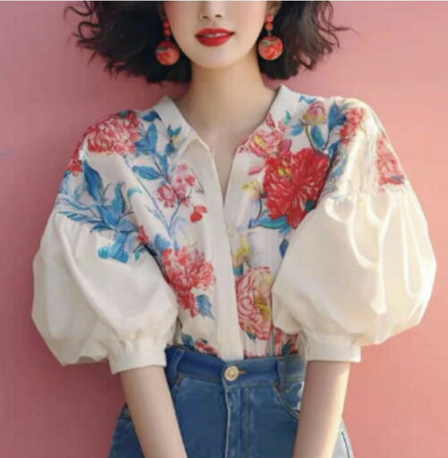 美人度アップ フラワー パフスリーブ シャツ ブラウス トップス 着痩 韓国ファッション トップス 腕カバー 美人度アップ フラワー パフスリーブ シャツ ブラウス トップス 着痩 韓国ファッション トップス 腕カバー