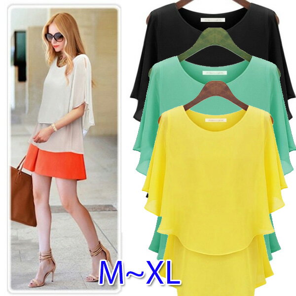 1000円ポッキリ 2重フリル袖 ブラウス レディース 5分丈 韓国ファッション トップス M L XL 体型カバー