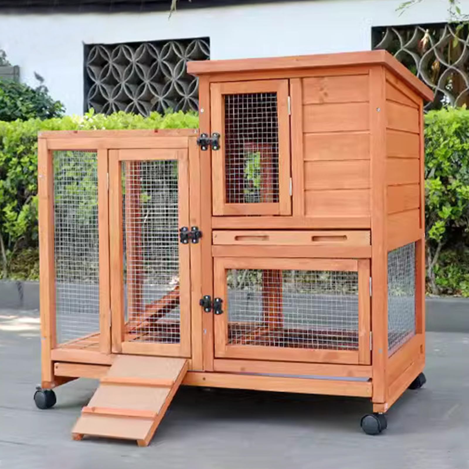 ウサギ小屋 2階建て 屋外用 木製 ウサギケージ 4輪 キャスター付き 鶏小屋 漏れ防...