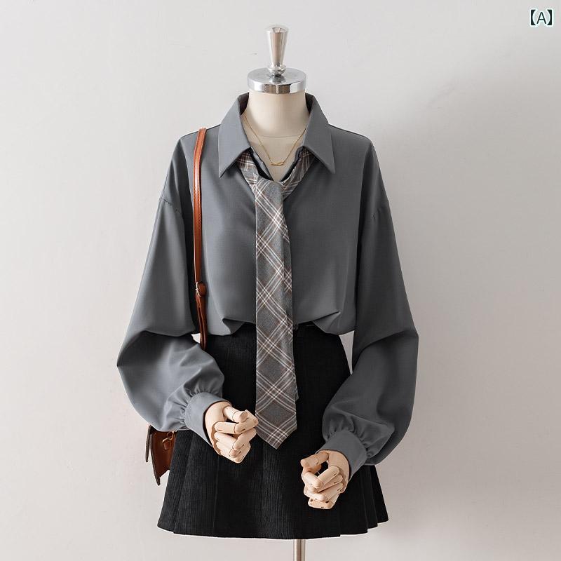 Blouses - ブラウス 長袖 レディース グレー カジュアル シャツ 秋 ネクタイ付き オーバーサイズ ゆったりタイプ トップス ドレープ