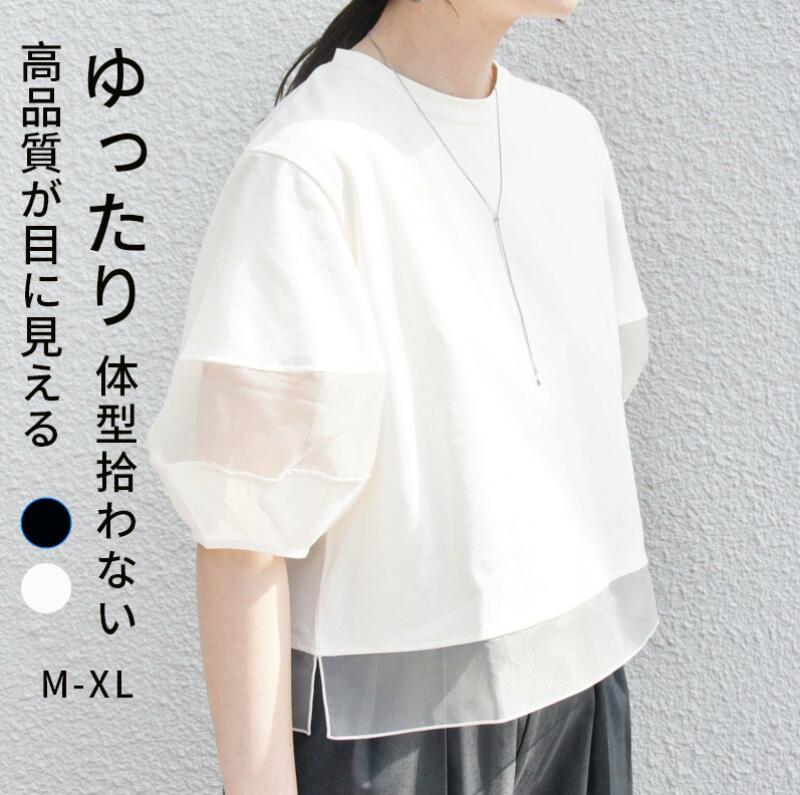 Rakuten - Tシャツ レディース ブラウス 半袖 ゆったり シフォン 夏 透け感 薄手 普段着 可愛い 無地 シフォン 高級感 おしゃれ 春夏 シンプル 通勤通学