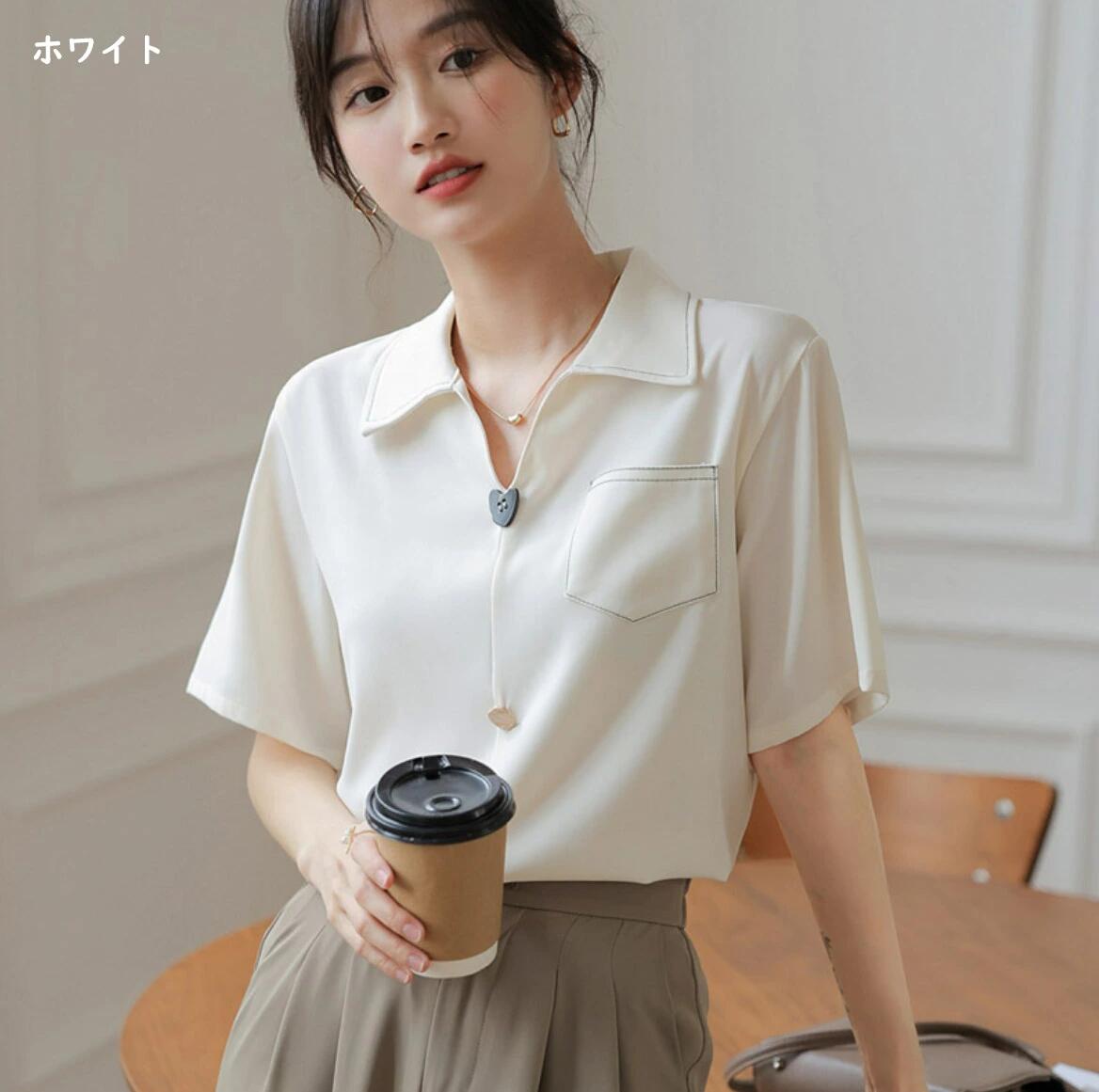 レディース 半袖 夏 ブラウス 女性 オフィスシャツ おしゃれ 可愛い シャツ 半袖 フォーマル ブラウス スーツ シャツ 女性 ビジネス オフィス OL 通勤 夏服 シャツ トップス 事務服 無地 仕事用 カジュアル 大人 オフィス カジュアル ホワイト/グリーン graceselect327-10018177 Grace Select サンプル画像2