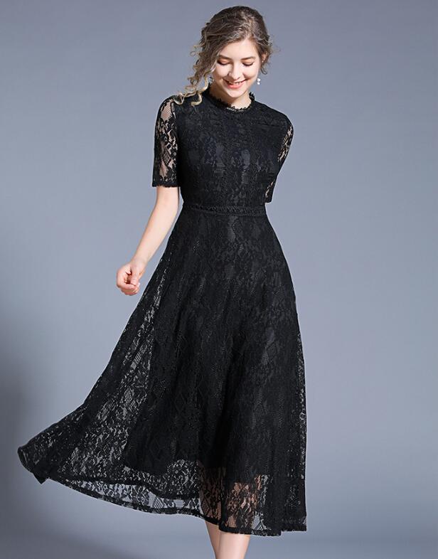 Grace Selectのパーティードレス ミモレ丈 総レース 袖あり七分袖 結婚式ドレス ワンピース ウェディングドレス ロングドレス ブラック ブルー 大きいサイズ ブライズメイド ドレス 入園式 二次会 謝恩会 同窓会 服装 発表会 大人 着痩せ フォーマルドレス THOM WILLS｜アングル2