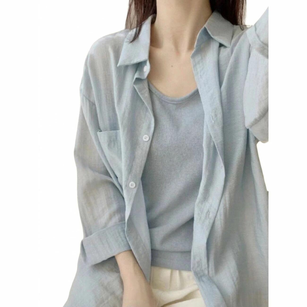 Rakuten - 【綿麻混/UV対策】リネンシャツ レディース 長袖 ブラウス シャツ シアー 透け感 トップス 羽織り 冷房対策 紫外線対策 日焼け防止 UVカット 襟付き オーバーサイズ ゆったり ビッグシルエット 体型カバー 二の腕カバー 麻 コットンリネン チュニック 涼しい 薄手