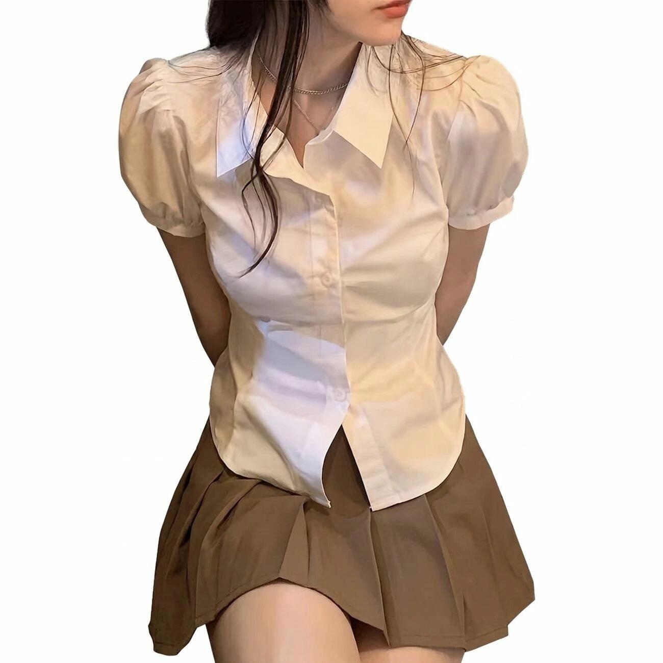 Other - 【細見え】 ブラウス レディース 半袖 襟付き シャツ トップス ボリューム袖 タック袖 ワイシャツ カッターシャツ オフィス 通勤 ビジネス 事務服 清楚 きれいめ 大人可愛い 韓国ファッション タイト 着痩せ 前開き 無地 体型カバー 二の腕カバー くびれ 伸縮性