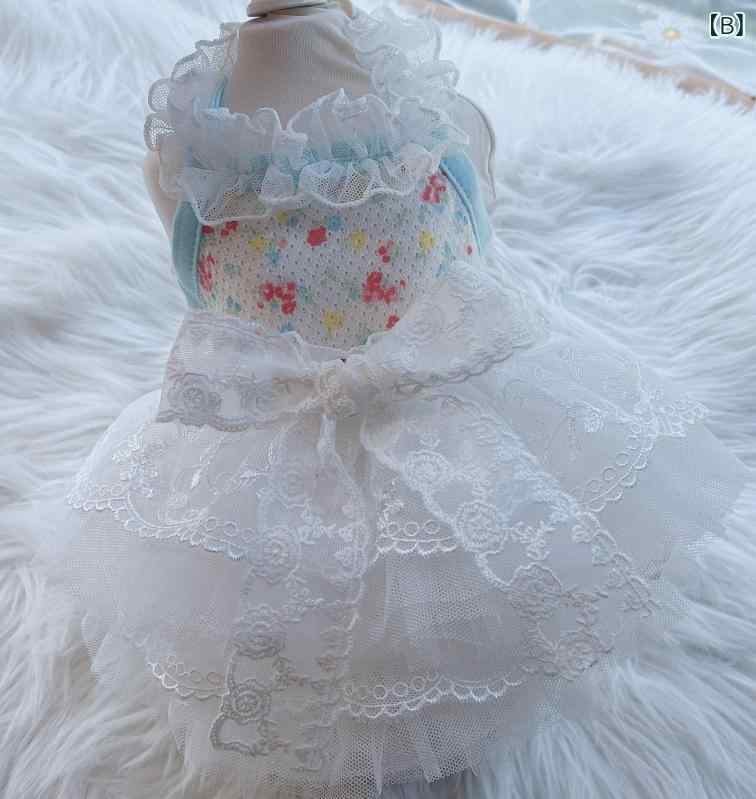 犬服 ドッグウェア 秋冬 メッシュ 小花柄 フローラル ふわふわ ボリューム チュール コットン ワンピース テディ プードル 小型犬用 かわいい おしゃれ ピンク ブルー 2